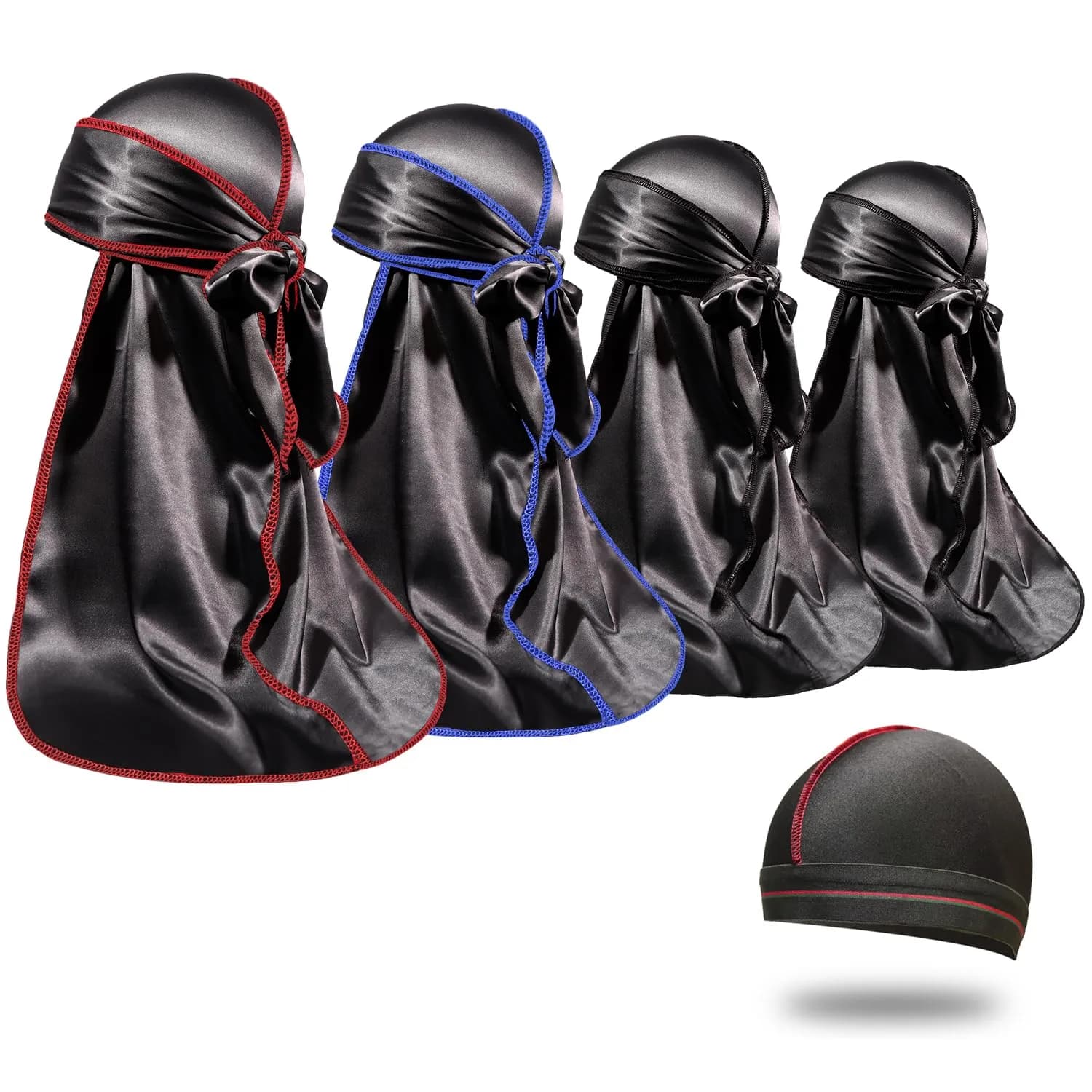 ForceWave Silky Durags and Wave Cap Set (5-Pack, Black Blue Pink Purple) | Moisture-Retaining Satin for 360 Waves — 5 Piece Pack
