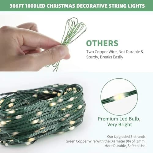 Tcamp 306FT 1000 LED Christmas Tree Lights Warm White | 92.96m 3000 LED String Lights with Timer & Memory Function thumbnail 4