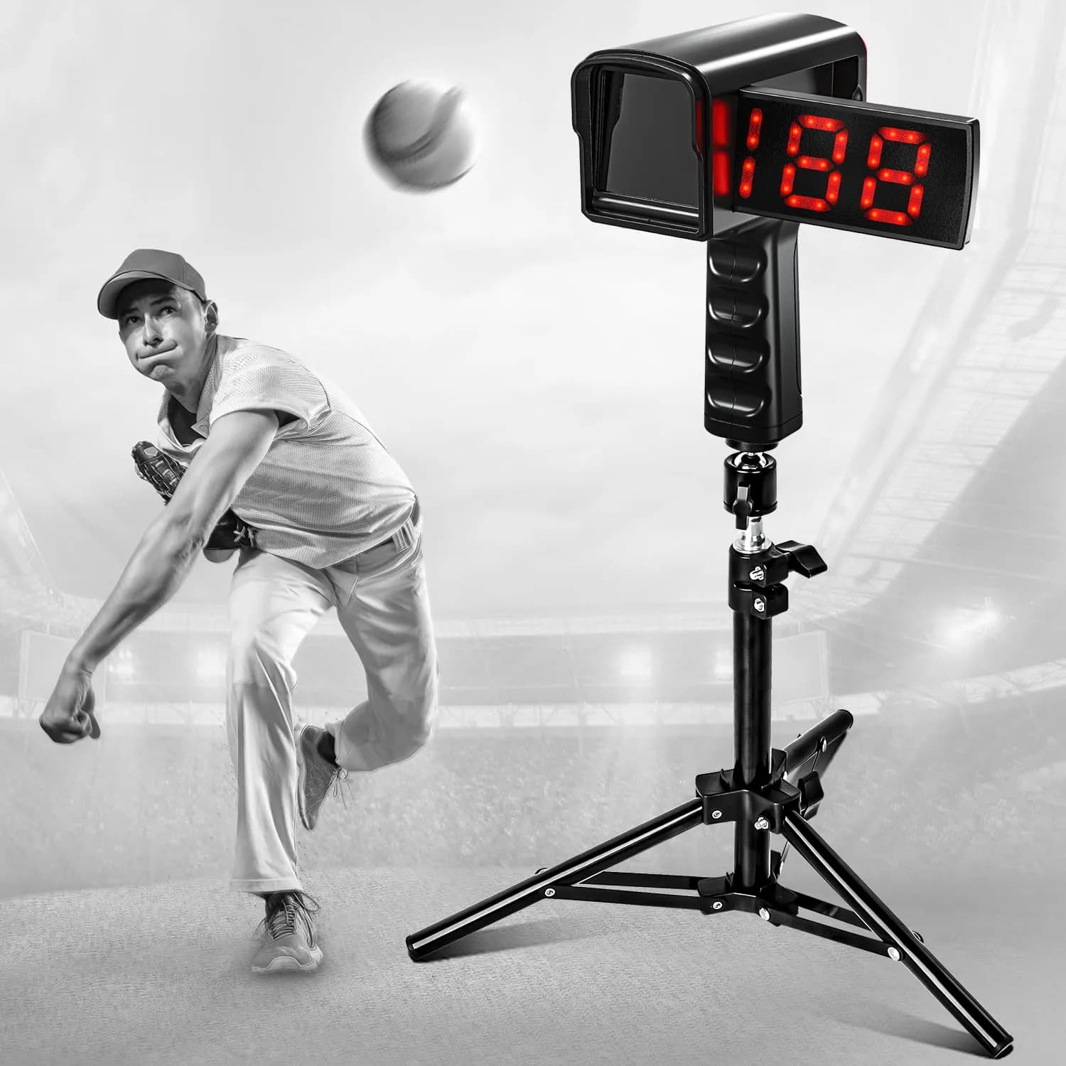 PLAYAPUT Baseball Radar Gun with Tripod, LED+LCD Dual Displays, 3-150 MPH Speed Measurement | Accurate Baseball & Softball Training Aid — Black/Red