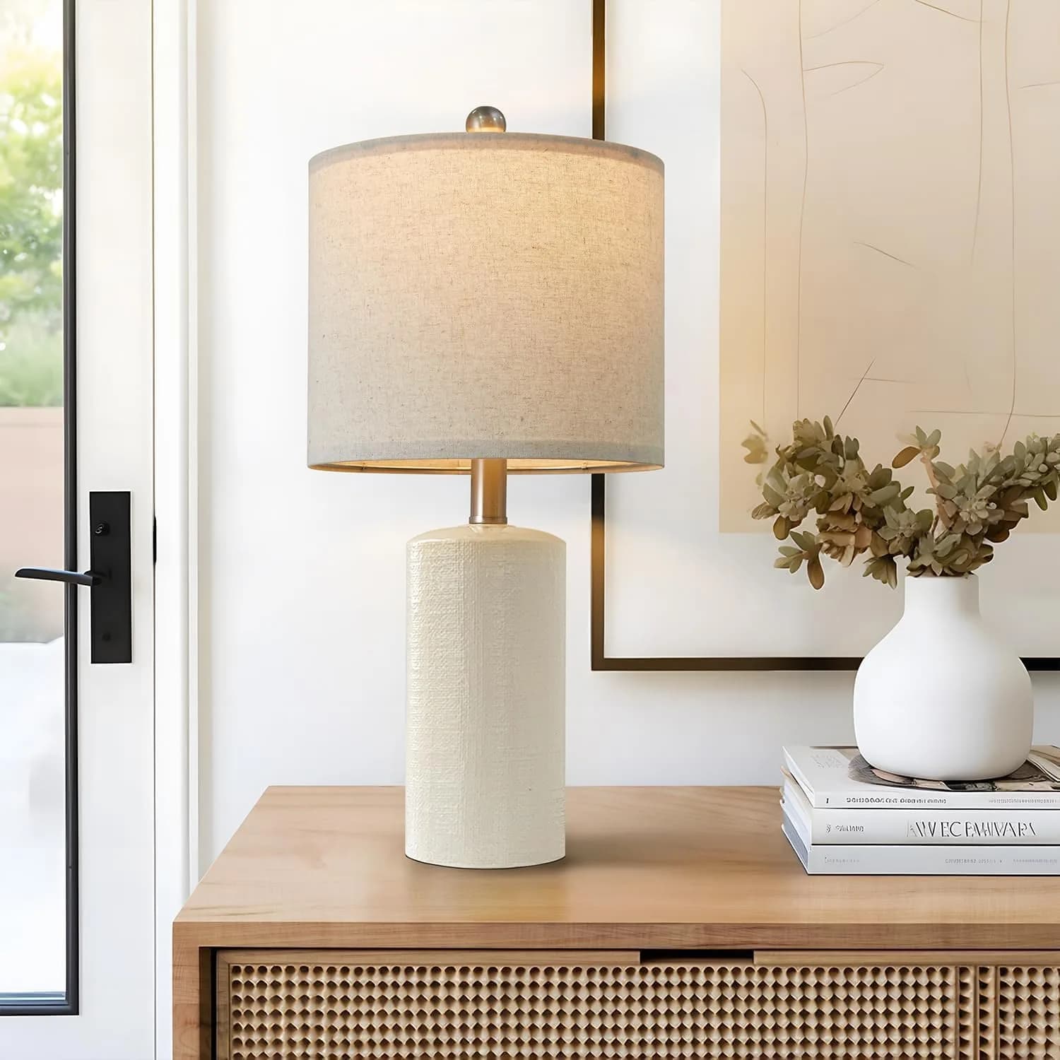 G-SAFAVA Modern Ceramic Table Lamp with Linen Shade 20.25" (51.4 cm) | Farmhouse Bedside Lamp for Bedroom