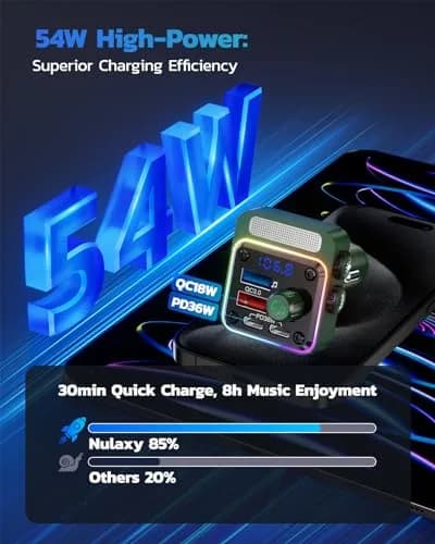 Nulaxy 54W Bluetooth 5.3 Car Adapter FM Transmitter 4-Port Fast Charging | 12V-24V Compatible thumbnail 2