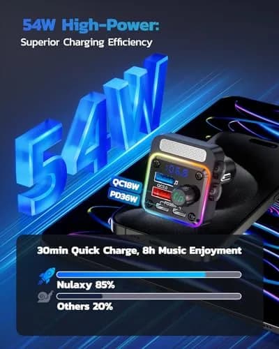 Nulaxy 54W Bluetooth 5.3 Car Adapter, FM Transmitter 4-Port Fast Charging | 54W High Power, 4 Ports, Bluetooth 5.3, Deep Bass, Night Lighting thumbnail 2