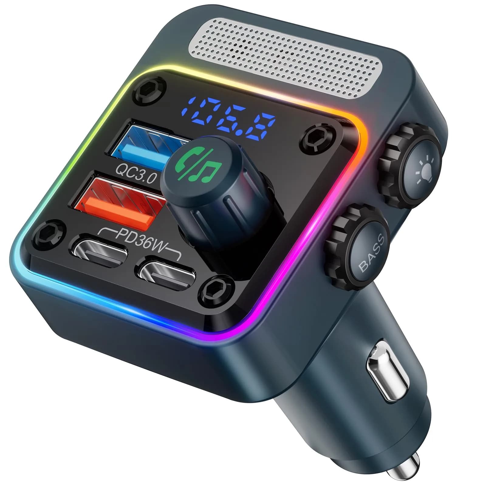 Nulaxy 54W Bluetooth 5.3 Car Adapter, FM Transmitter 4-Port Fast Charging | 54W High Power, 4 Ports, Bluetooth 5.3, Deep Bass, Night Lighting — Blue