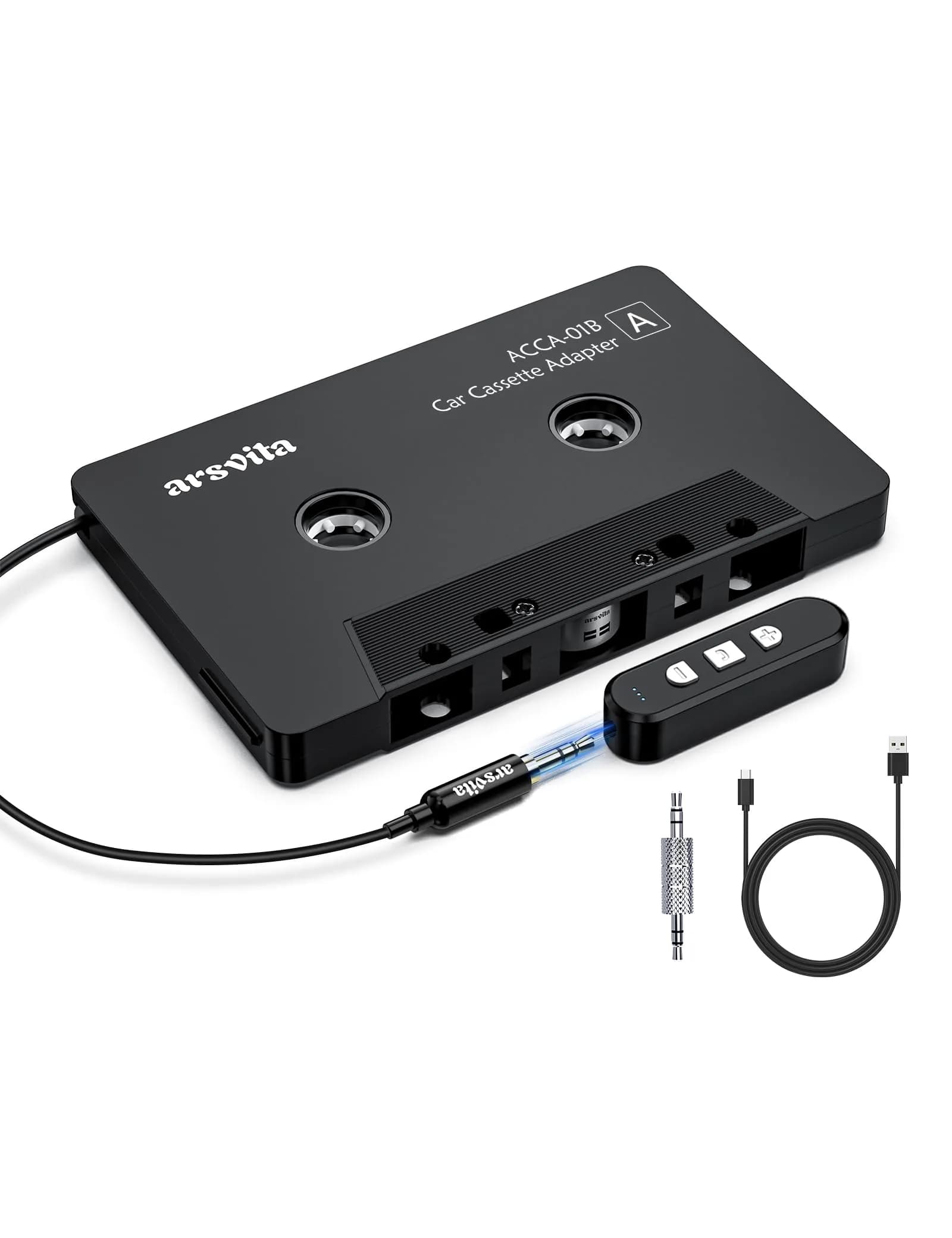 arsvita Bluetooth Cassette Adapter with 3.5mm Aux Cable, Black | Upgraded 5.1 Bluetooth for Car Audio Systems — Black