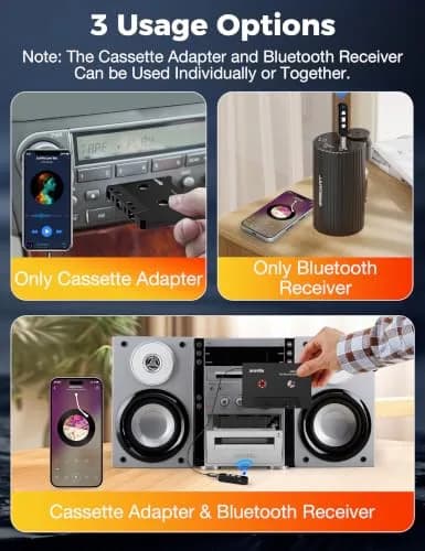 arsvita Bluetooth Cassette Adapter with 3.5mm Aux Cable, Black | Upgraded 5.1 Bluetooth for Car Audio Systems thumbnail 5