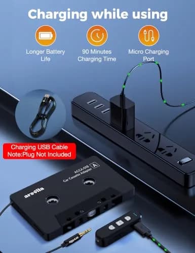 arsvita Bluetooth Cassette Adapter with 3.5mm Aux Cable, Black | Upgraded 5.1 Bluetooth for Car Audio Systems thumbnail 7