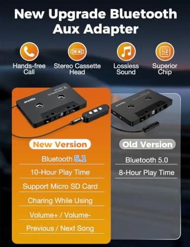 arsvita Bluetooth Cassette Adapter with 3.5mm Aux Cable, Black | Upgraded 5.1 Bluetooth for Car Audio Systems thumbnail 2