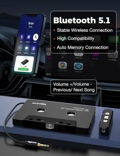 arsvita Bluetooth Cassette Adapter with 3.5mm Aux Cable, Black | Upgraded 5.1 Bluetooth for Car Audio Systems thumbnail 3
