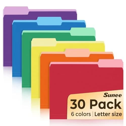 SUNEE Colored File Folders 30 Pack Letter Size (8.5 x 11 inches) | 6 Assorted Colors, 1/3 Cut Tabs thumbnail 1