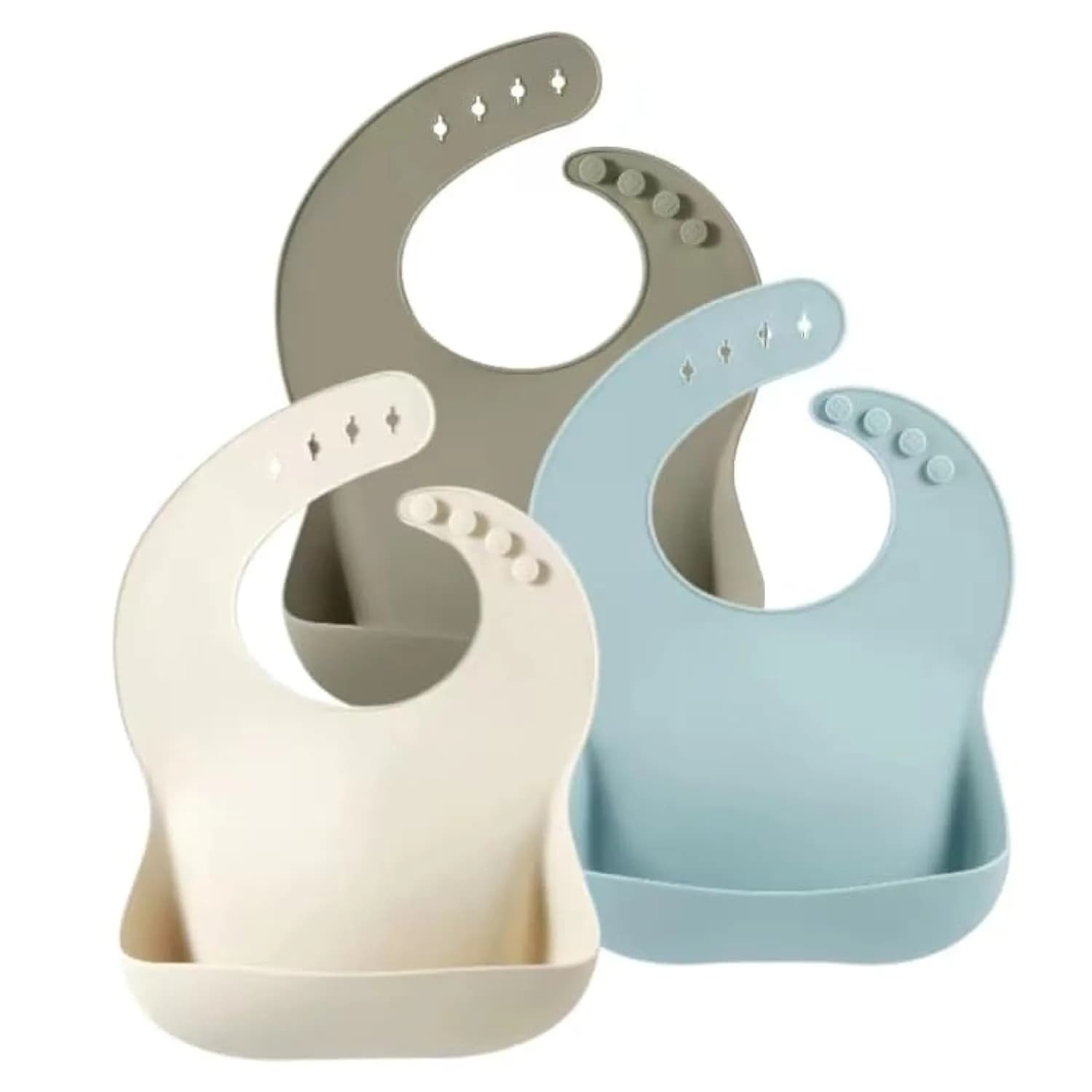 PandaEar Silicone Baby Bibs 3-Pack (25.6cm H x 11.4cm L x 8.5cm W) | Waterproof, Soft, Unisex, 10-72 Months — Blue/Sage/Beige