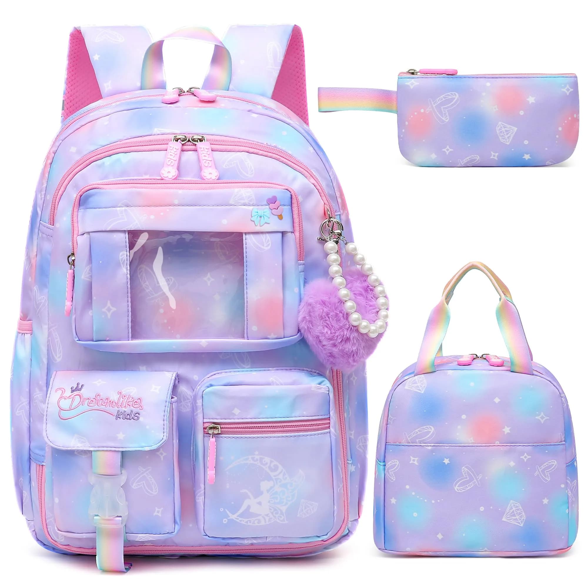Alrisg Girls Backpack 43.2 cm (18.1 inches) | Cute Pastel School Bookbag for Kids — Purple / 17 inch Set