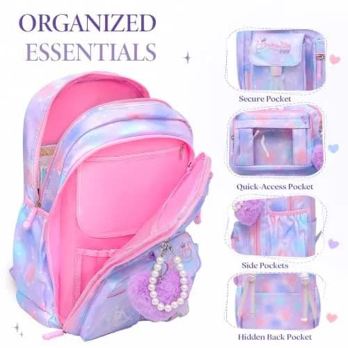 Alrisg Girls Backpack Set 43cm (17 inch) | Cute Purple Bookbag with Lunch Bag & Pencil Case for School thumbnail 4