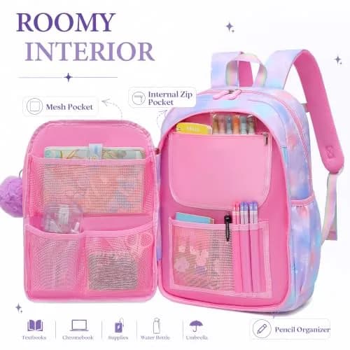 Alrisg Girls Backpack Set 43cm (17 inch) | Cute Purple Bookbag with Lunch Bag & Pencil Case for School thumbnail 2
