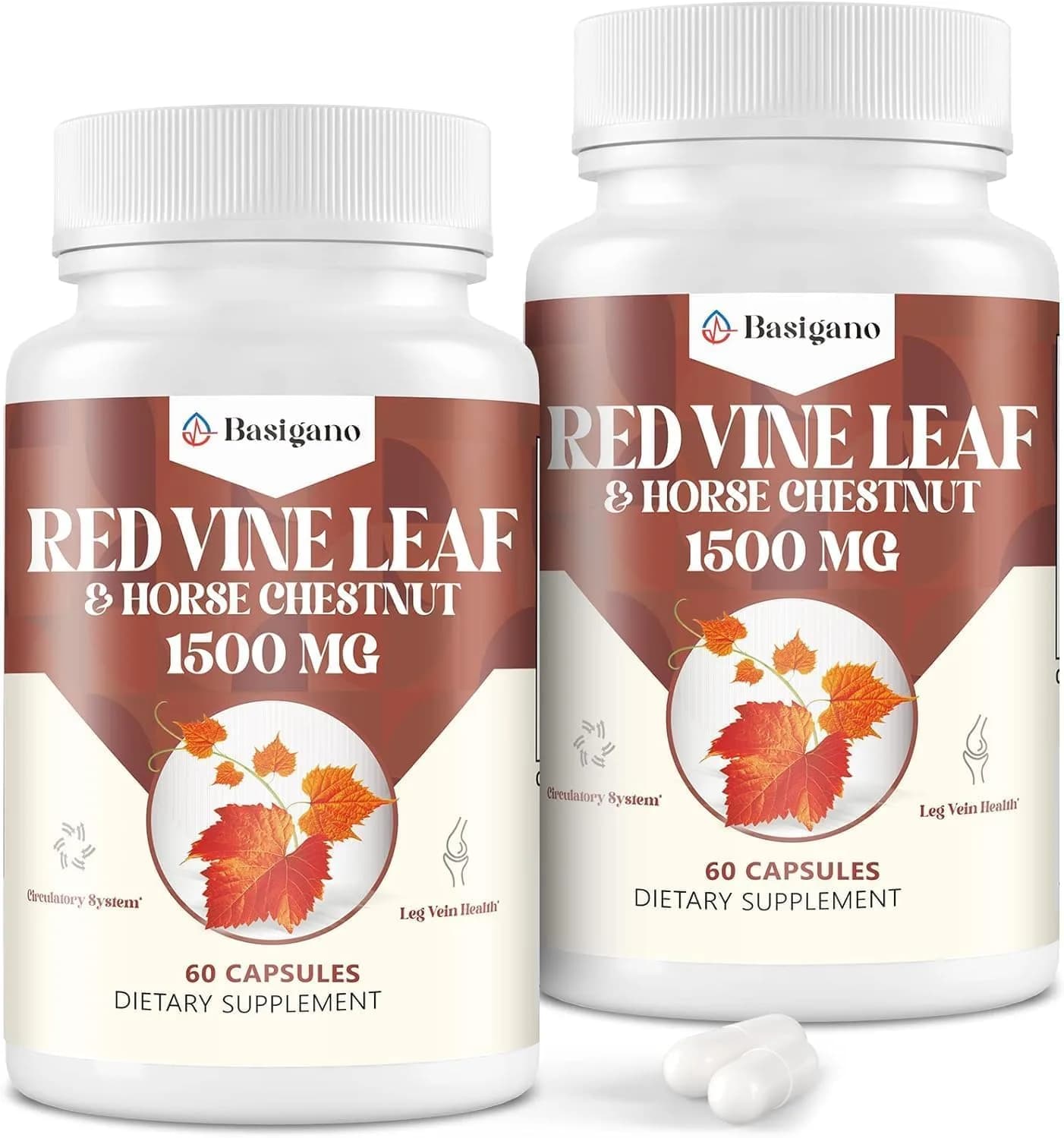 Basigano Red Vine Leaf & Horse Chestnut Extract Capsules 1500mg | Vegan & Natural for Vein & Leg Health