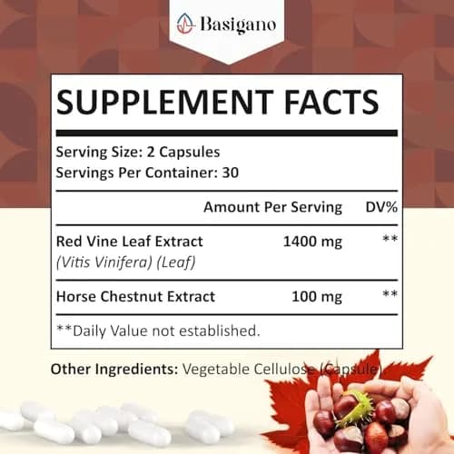 Basigano Red Vine Leaf & Horse Chestnut Extract Capsules 1500mg | Vegan & Natural for Vein & Leg Health thumbnail 2