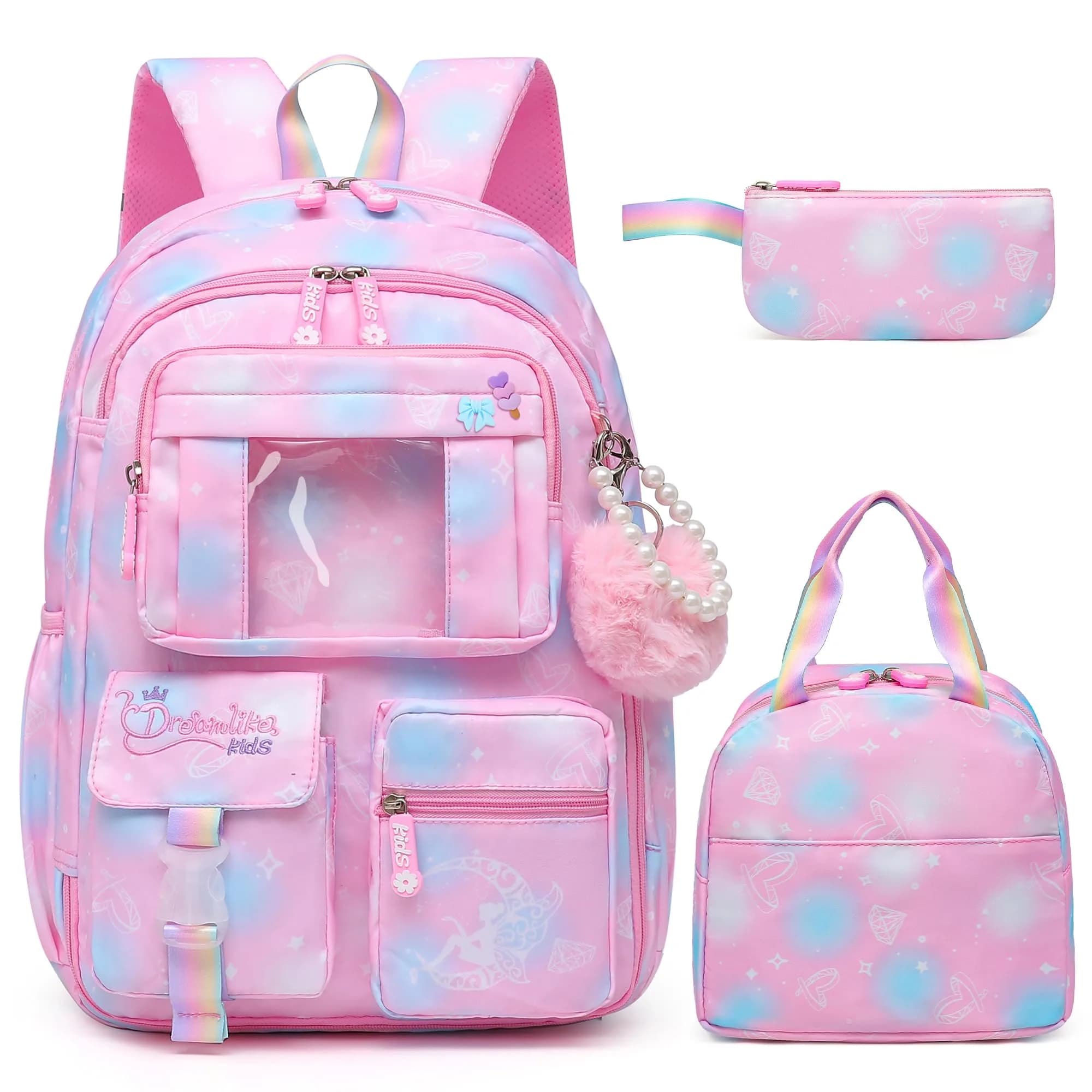 Alrisg Girls Backpack 43.2 cm (18.1 inches) | Cute Pastel School Bookbag for Kids — Pink / 17 inch Set
