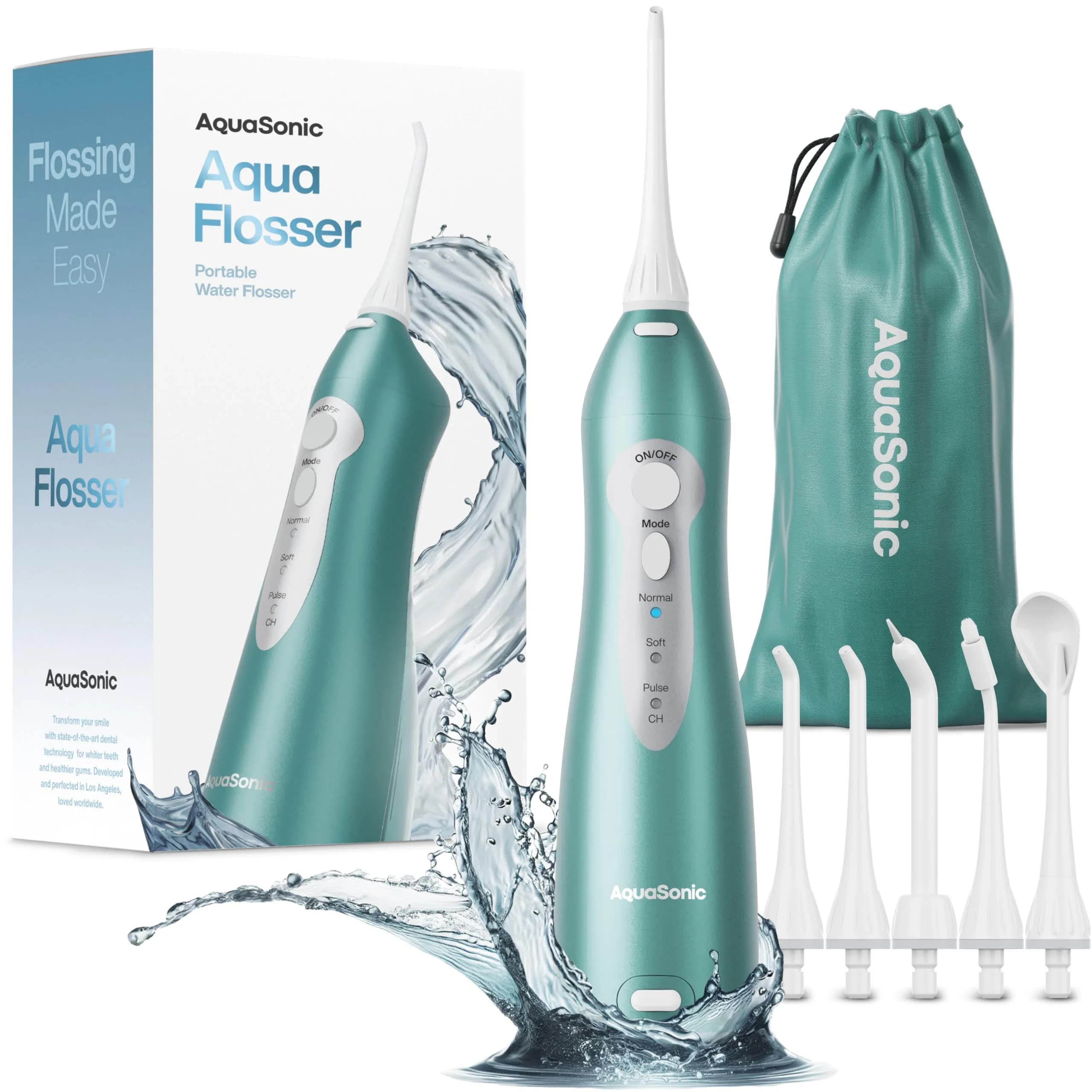 AquaSonic Aqua Flosser Cordless Rechargeable Water Flosser 500ml (16.9 Fl Oz) | Dentist Recommended for Deep Cleaning — Mint Green Metallic