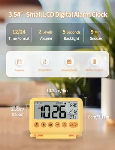 MeesMeek Yellow Digital Travel Alarm Clock 10.2cm (4 inch) | Battery Operated with Snooze & Backlight thumbnail 2