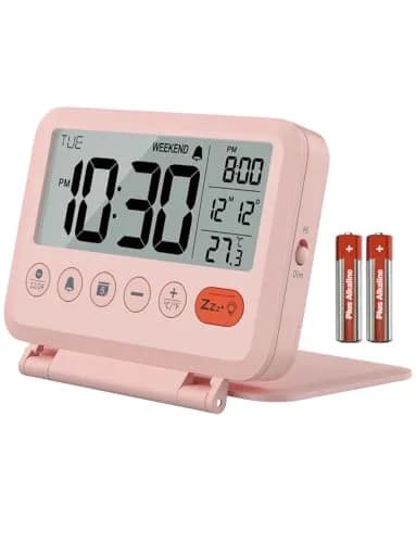MeesMeek Digital Travel Alarm Clock - 3.54 inch LCD Display, 9-Minute Snooze, 2 Volume Levels, Backlight, Battery Included (Pink) thumbnail 1