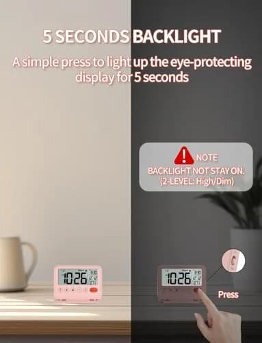 MeesMeek Digital Travel Alarm Clock - 3.54 inch LCD Display, 9-Minute Snooze, 2 Volume Levels, Backlight, Battery Included (Pink) thumbnail 4