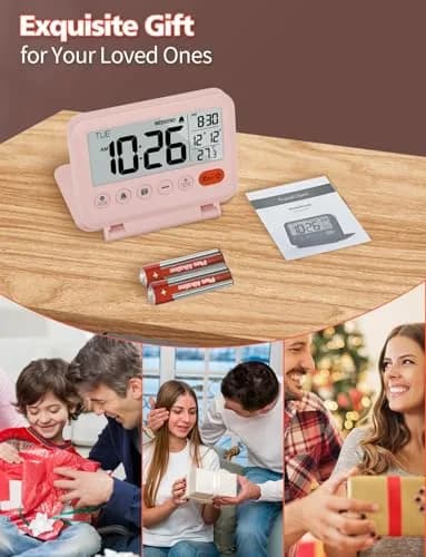 MeesMeek Digital Travel Alarm Clock - 3.54 inch LCD Display, 9-Minute Snooze, 2 Volume Levels, Backlight, Battery Included (Pink) thumbnail 7