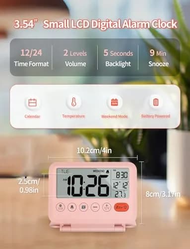 MeesMeek Digital Travel Alarm Clock - 3.54 inch LCD Display, 9-Minute Snooze, 2 Volume Levels, Backlight, Battery Included (Pink) thumbnail 2