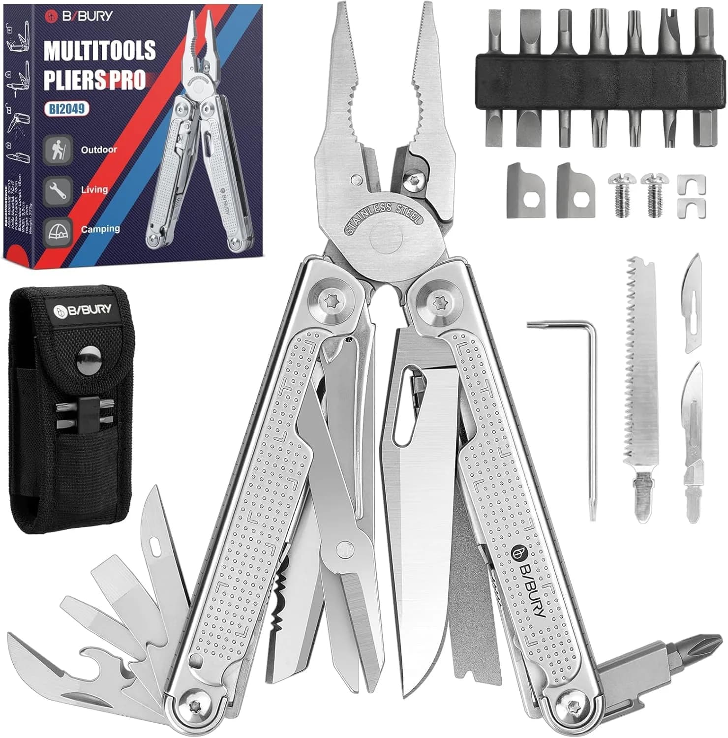 BIBURY Multitool Pliers Pro with 440A Knife & Full Size Scissors | 22-in-1 Professional Multi-Tool for Heavy-Duty Tasks - main product image