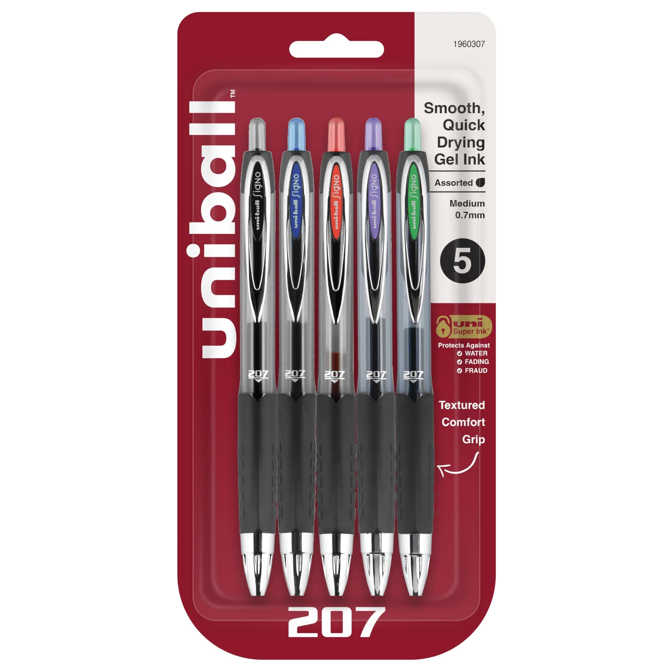 Uni-Ball 207 Retractable Gel Pens, 0.7mm Medium Point, Assorted Ink, 5/Pack | Smooth Ink Flow for Office & Students — Black