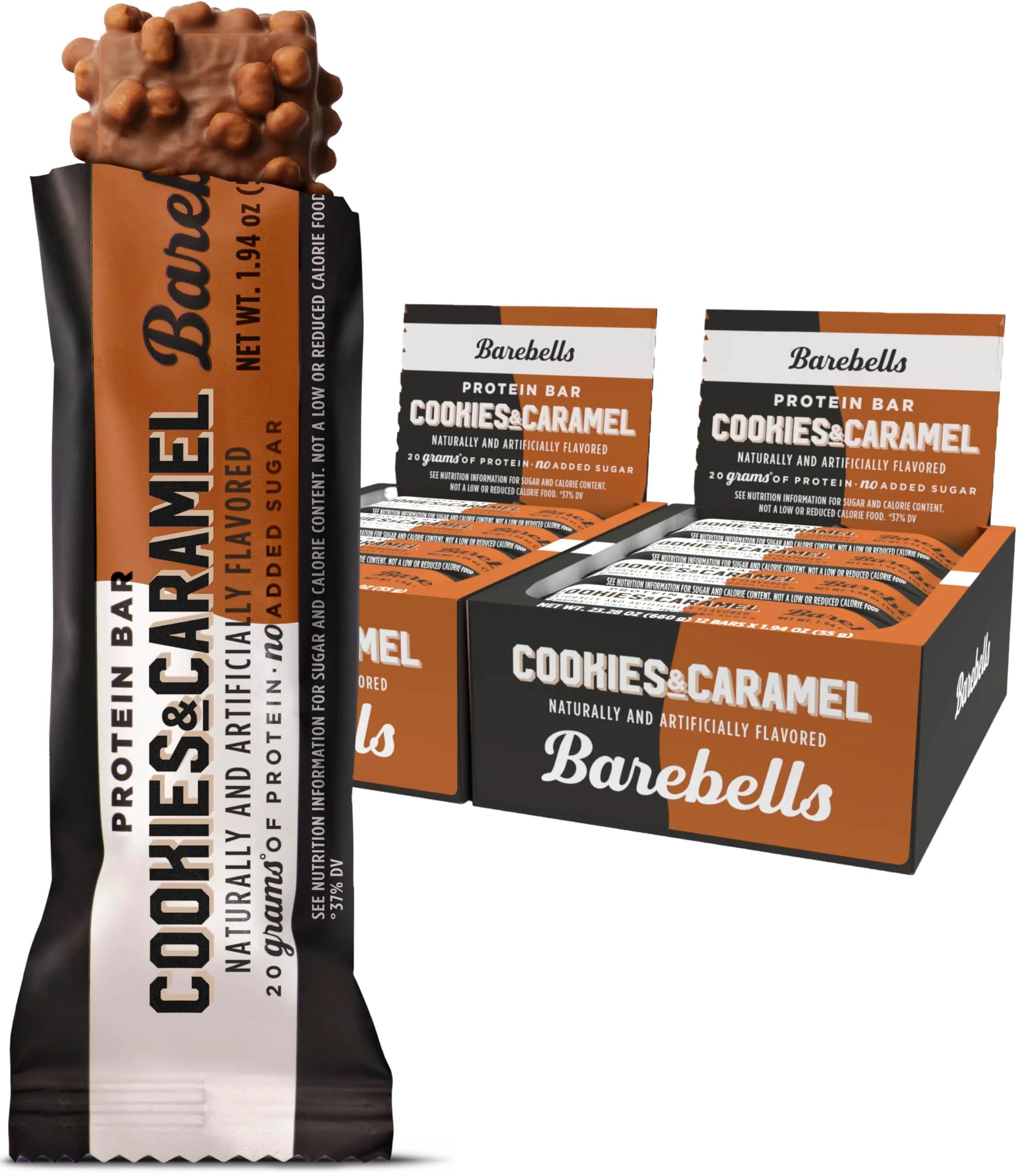BAREBELLS Cookies and Caramel Protein Bars, 24 Bars (2x12) | 20g High Protein, 1g Sugar, USA Import