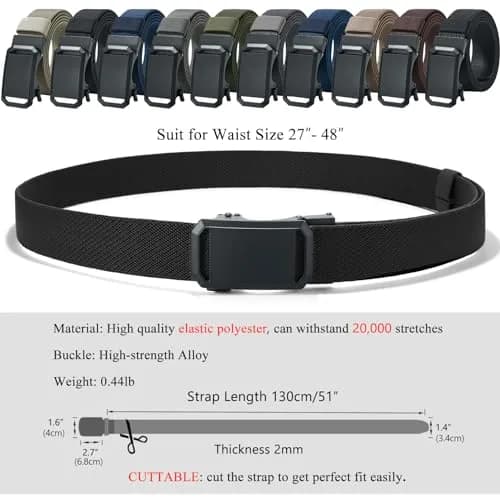 LionVII Stretch Belt for Men, Black Twill Weave Ratchet Belt with Alloy Buckle | Adjustable Fit for Waist Sizes 27-46 Inches thumbnail 2