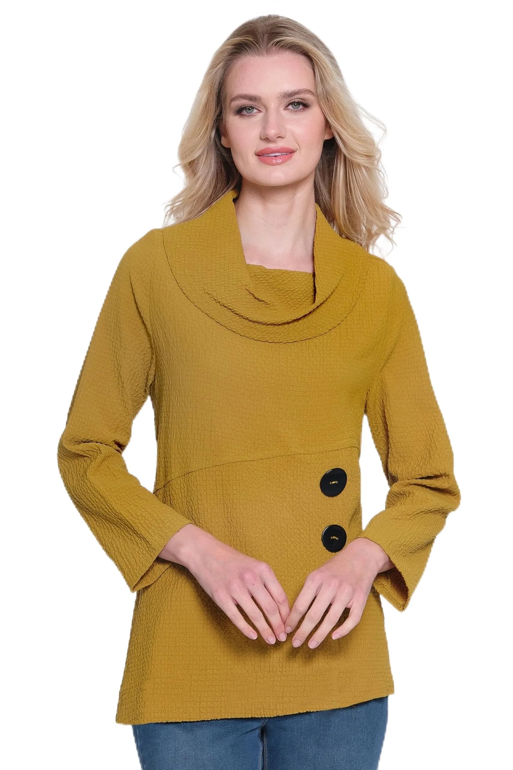 Ali Miles Woven Pucker Fabric Tunic M | Cowl Neck Button Details, Harvest - main product image
