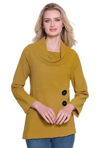 Ali Miles Woven Pucker Fabric Tunic M | Cowl Neck Button Details, Harvest thumbnail 1