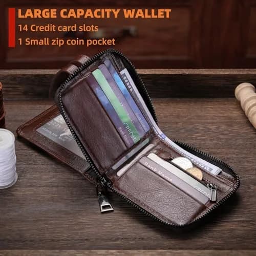 BULLCAPTAIN Genuine Leather Men's RFID Blocking Bifold Wallet T23 Coffee | 14 Card Slots, Zipper Coin Pocket, USA Import thumbnail 4