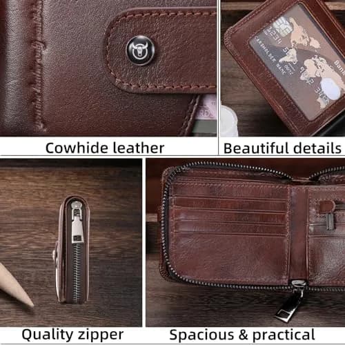 BULLCAPTAIN Genuine Leather Men's RFID Blocking Bifold Wallet T23 Coffee | 14 Card Slots, Zipper Coin Pocket, USA Import thumbnail 6