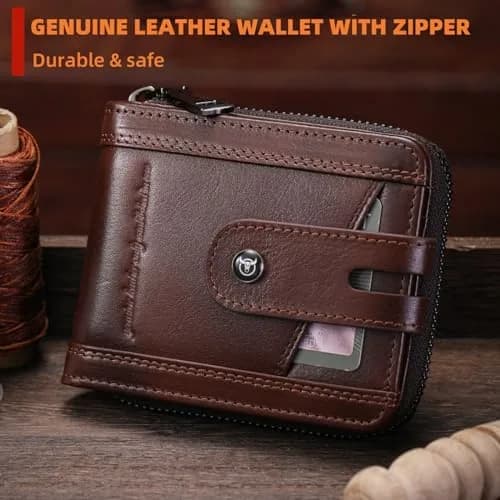 BULLCAPTAIN Genuine Leather Men's RFID Blocking Bifold Wallet T23 Coffee | 14 Card Slots, Zipper Coin Pocket, USA Import thumbnail 2