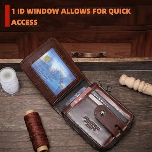 BULLCAPTAIN Genuine Leather Men's RFID Blocking Bifold Wallet T23 Coffee | 14 Card Slots, Zipper Coin Pocket, USA Import thumbnail 3