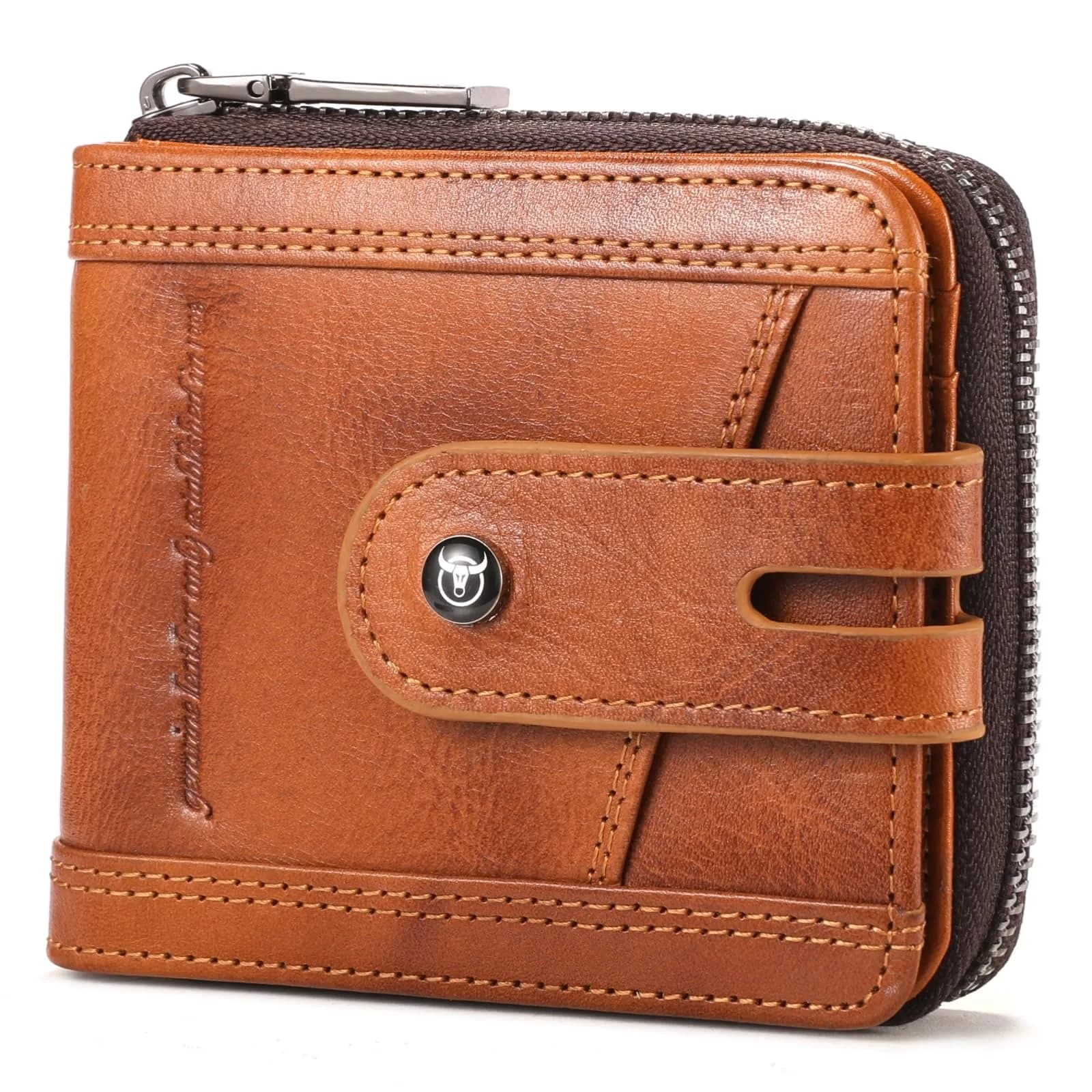 BULLCAPTAIN Genuine Leather Men's Wallet with Zipper T23 Brown | RFID Blocking Top-Grain Cowhide Bifold — Brown