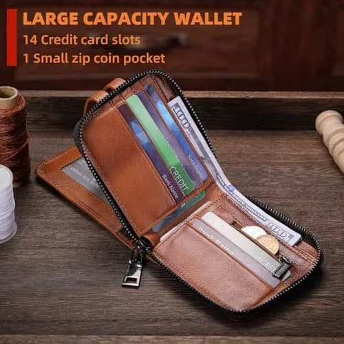 BULLCAPTAIN Genuine Leather Men's Wallet with Zipper T23 Brown | RFID Blocking Top-Grain Cowhide Bifold thumbnail 4