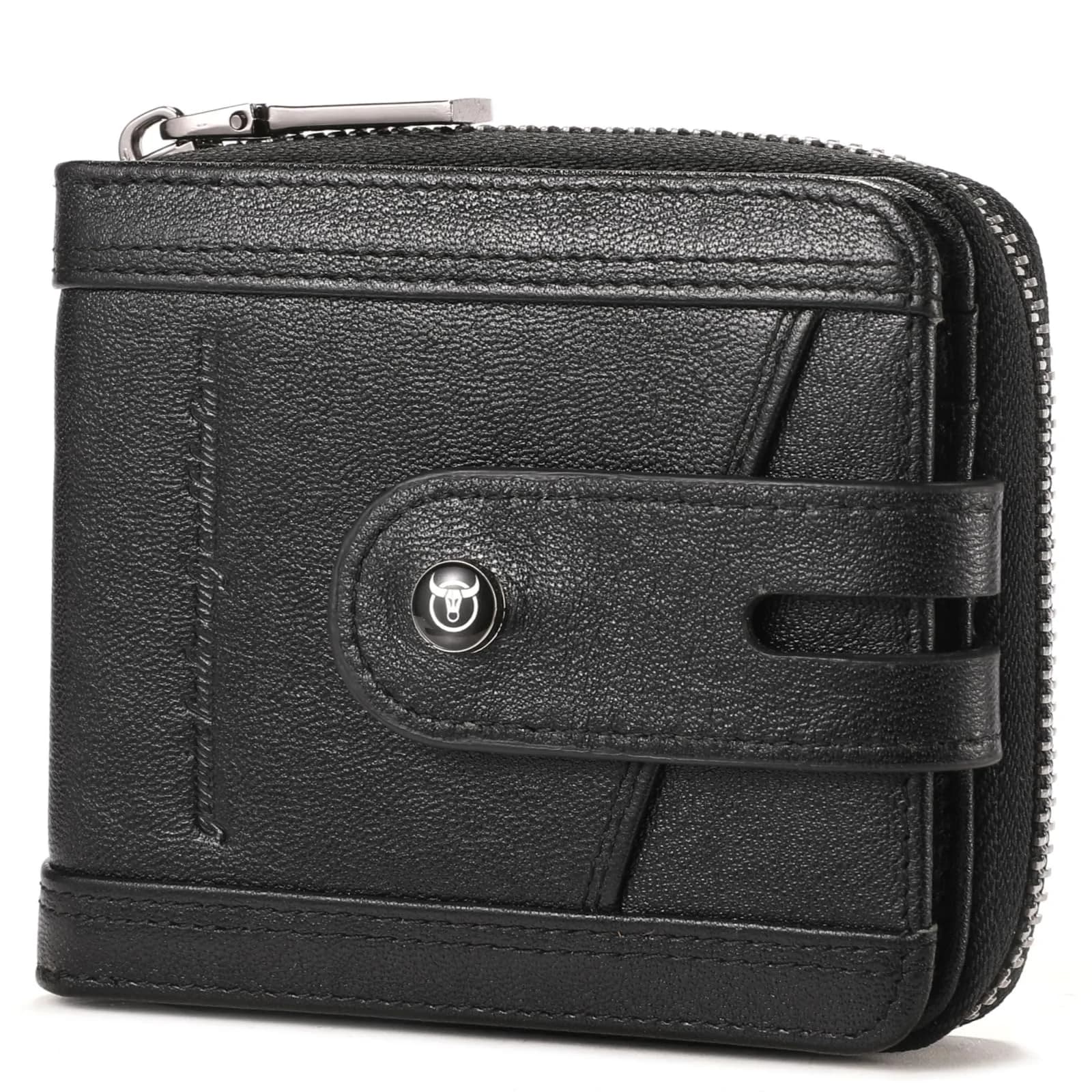 BULLCAPTAIN Genuine Leather Men's Wallet with Zipper T23 Brown | RFID Blocking Top-Grain Cowhide Bifold — Black