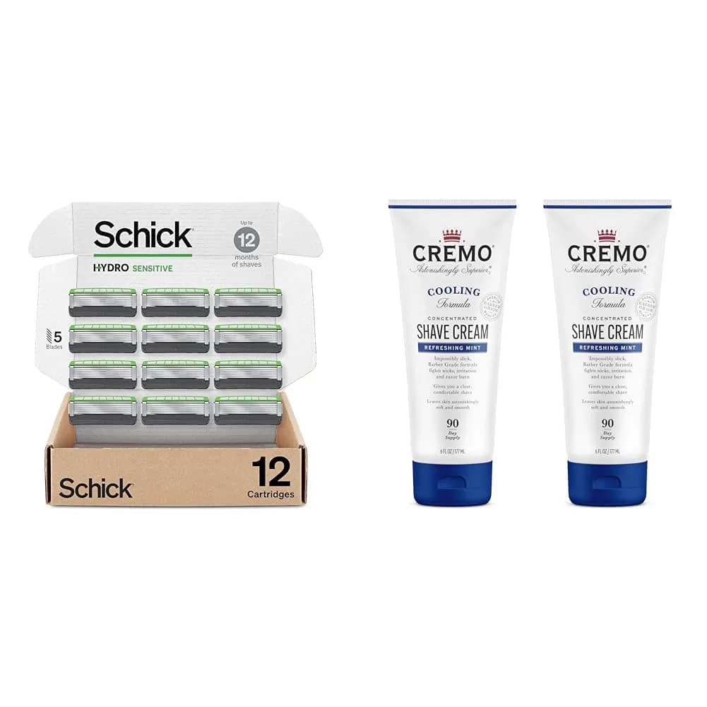Schick Hydro Sensitive 12 Count Razor Refills & Cremo Cooling Shave Cream | Sensitive Skin Care