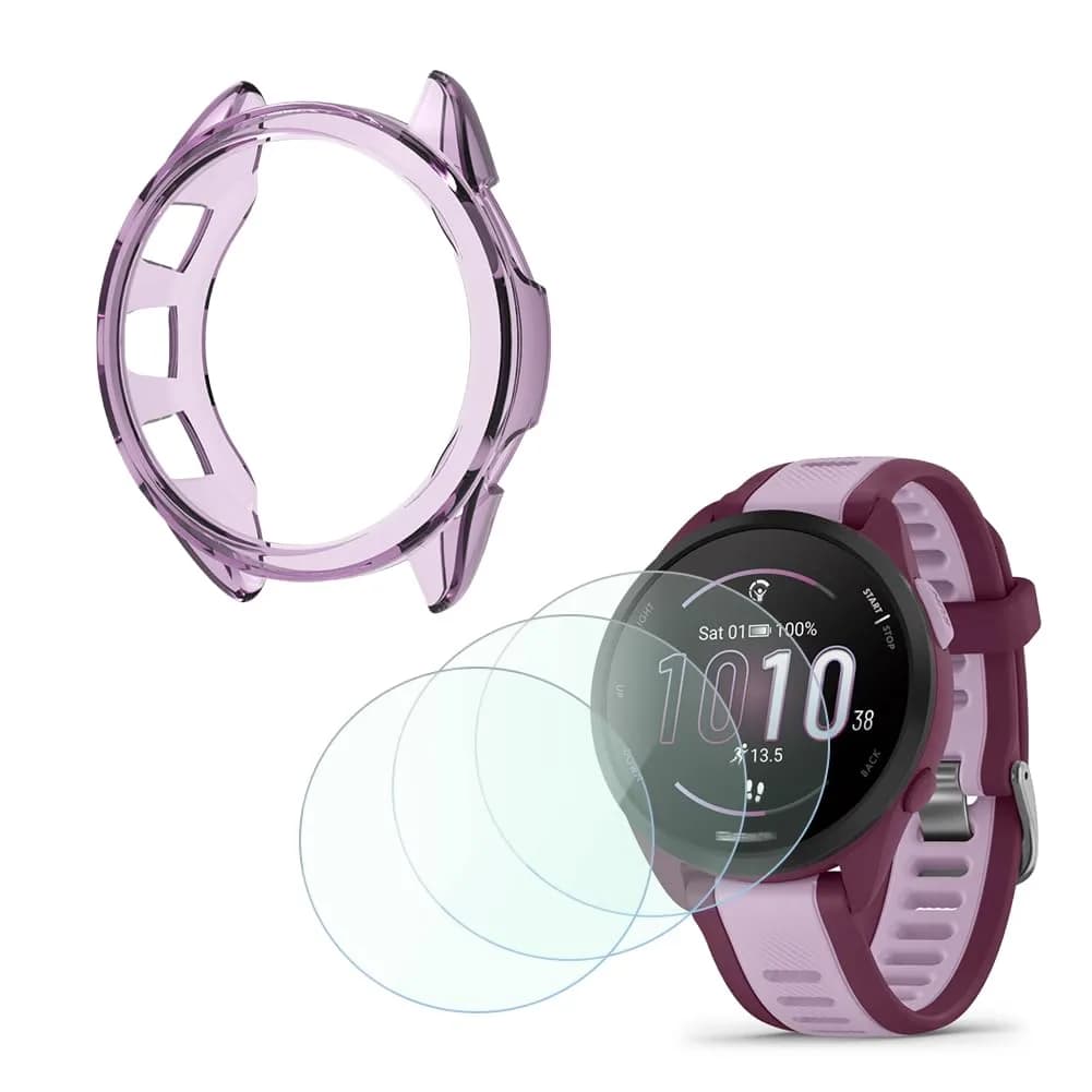 FCMEDZI Smartwatch Screen Protector & Case for Garmin Forerunner 165/165 Music (Violet) | 3-Pack Tempered Glass & TPU Cover - main product image