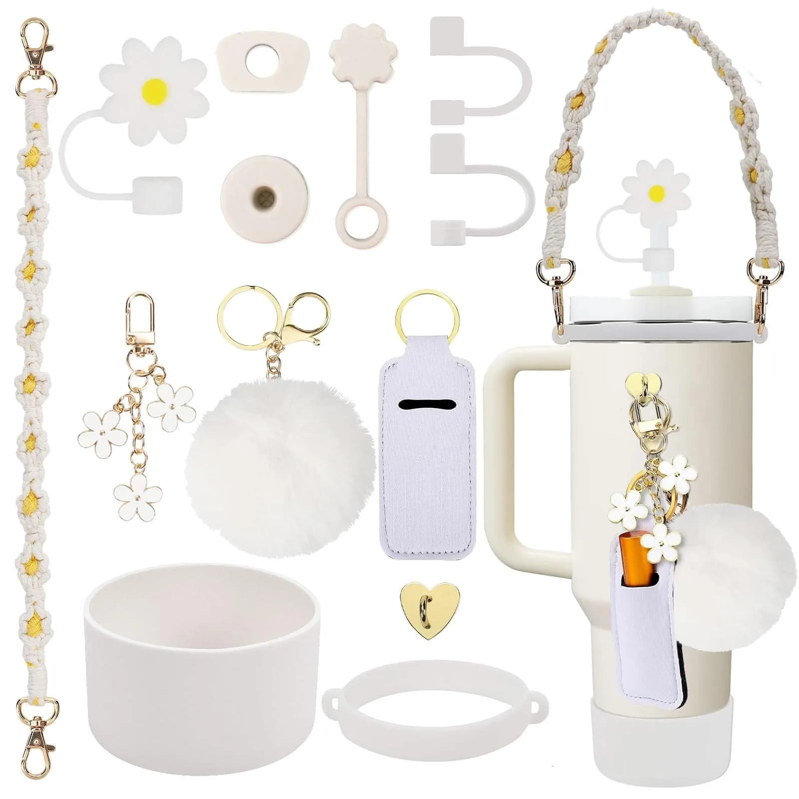 3tyto Light Pink 13 Pcs Stanley Cup Accessories Set with Handle Strap & Silicone Boot — White