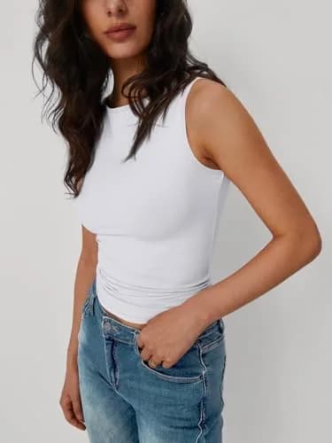 Trendy Queen Women's Boat Neck Tank Top White S | Breathable Nylon-Spandex Blend for Summer Outfits thumbnail 3