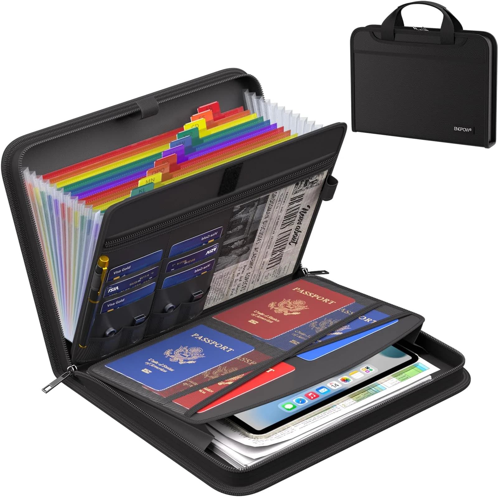 ENGPOW Fireproof Accordion File Organizer 14.2" x 10.4" x 2" | 13 Pockets with Handle & Labels — Black / 14.2" x 10.4" x 2",Colorful