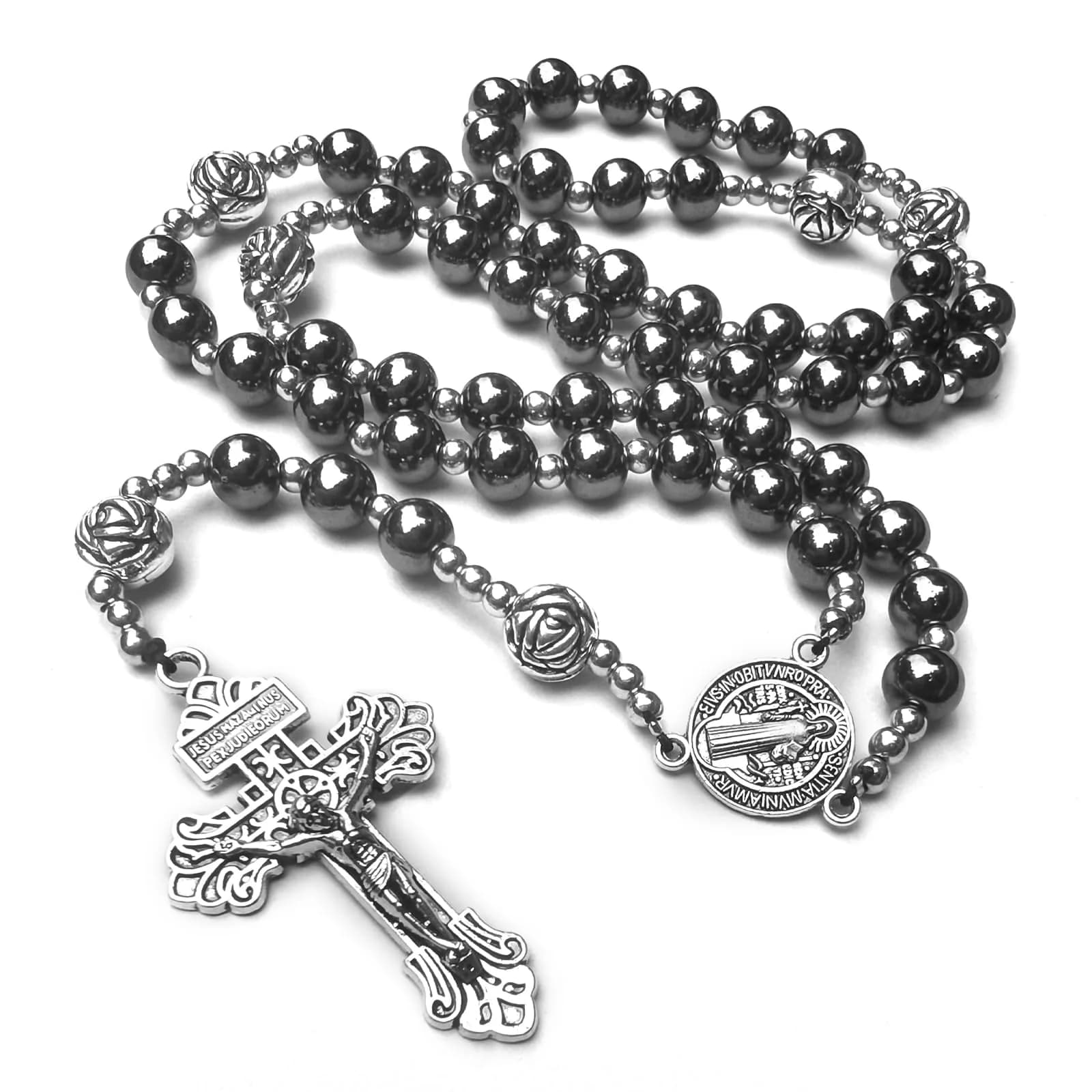 LinZengYo Hematite Rosary Necklace 18.9in (48cm) | Catholic Prayer Beads for Men & Women