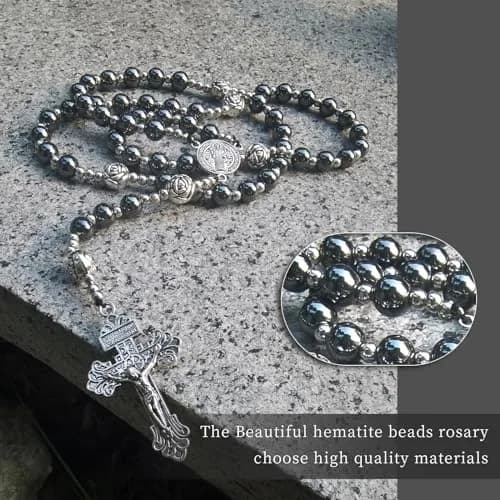 LinZengYo Hematite Rosary Necklace 18.9in (48cm) | Catholic Prayer Beads for Men & Women thumbnail 6