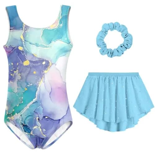 Idgreatim Girls Gymnastics Leotards 3-Piece Outfit Aqua Marble 6-7 Years | Complete Set for Dance & Play thumbnail 1