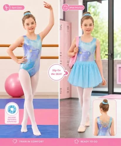 Idgreatim Girls Gymnastics Leotards 3-Piece Outfit Aqua Marble 6-7 Years | Complete Set for Dance & Play thumbnail 2