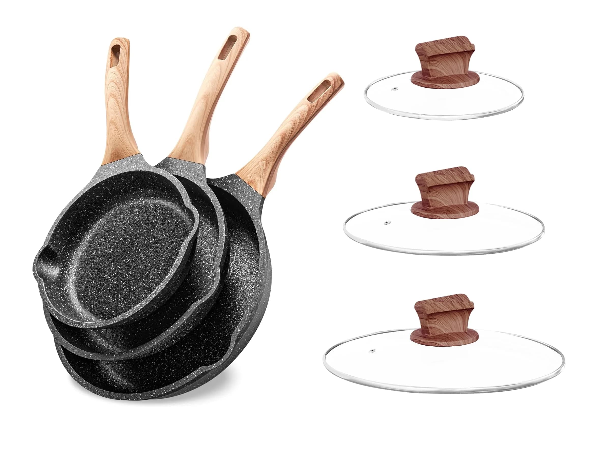 YIIFEEO Granite Nonstick Frying Pan Set 20cm/24cm/28cm (8"/9.5"/11") | Induction Compatible Cookware Set — 6 PCS - Black Frying Pan Set
