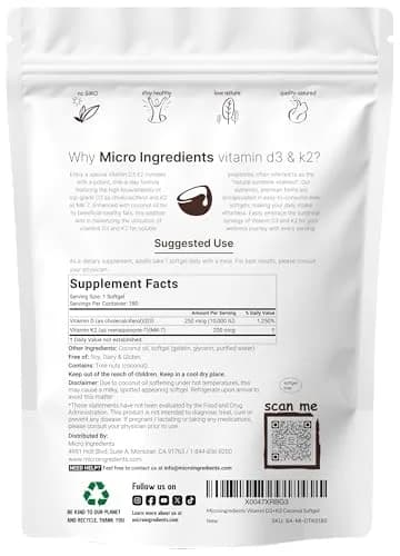 Micro Ingredients Vitamin D3 K2 MK-7 10,000 IU 200mcg 180 Mini Softgels | Bone & Immune Support thumbnail 2